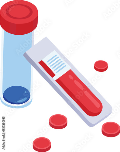 Medical supplies including a test tube with red cap and blue liquid inside with red pills and blister pack  medical laboratory equipment