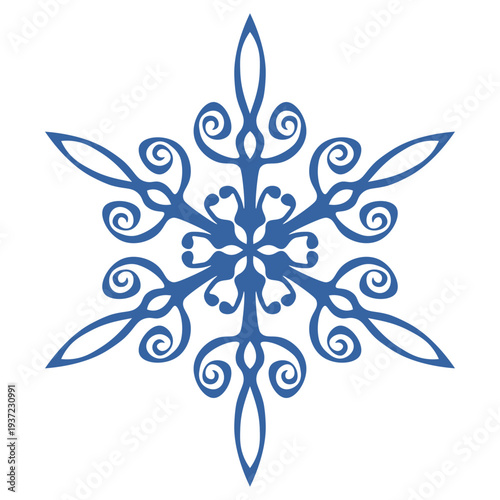 Blue template snowflake with shadow. Isolated snowflakes icon, round mandala. Winter Holiday cartoon flat illustration. Merry Christmas and New year Vector. Hand draw style.