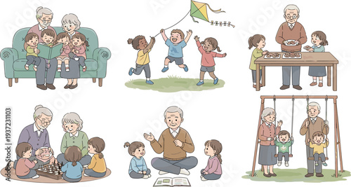 Grandparents spending time with grandchildren illustration showing family bonding activities playing reading flying kite and sharing meals