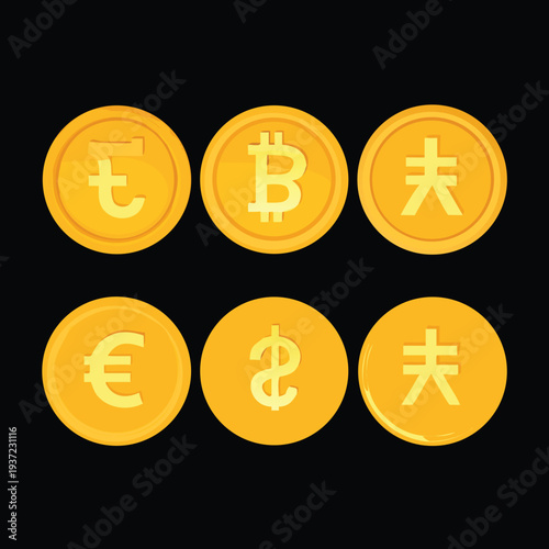 Collection of gold coins with various currency symbols including Bitcoin and foreign exchange signs on dark background