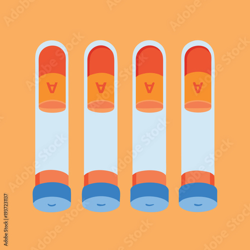 Four test tubes with orange caps and blue bottoms on orange background laboratory equipment for science experiments