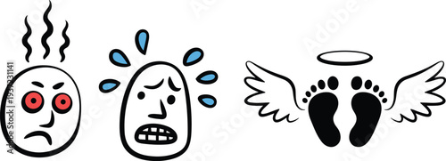 Angry and stressed emoji faces with angel wings feet symbol, emotional expression set flat vector illustration