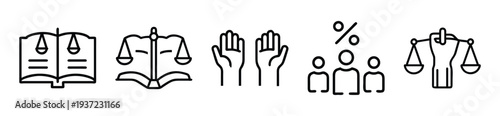 Collection of six simple vector icons representing law, justice, and equality on transparent background. on transparent background