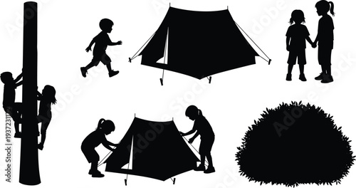 Kids camping and outdoor play silhouettes with children climbing running pitching tent and nature adventure activities vector set