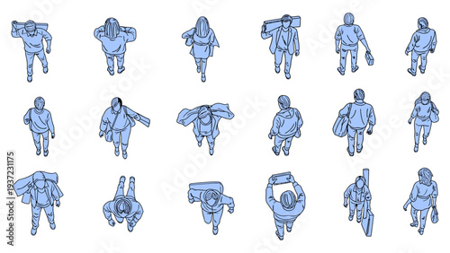 People's top view, various actions, walking, carrying items, isolated on a transparent background vector illustration.
