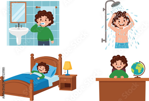 Kids daily routine illustration with child brushing teeth taking shower sleeping and studying showing healthy habits and lifestyle activities
