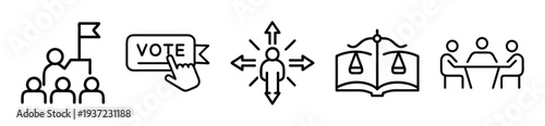 Vector graphic illustration set depicting leadership, voting, freedom, justice, and negotiation on transparent background