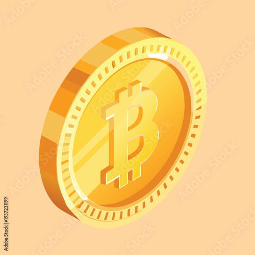 Golden bitcoin coin with a shiny surface and ridged edge on a peach colored background  cryptocurrency and finance concept
