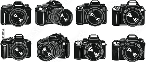 Professional DSLR camera silhouettes collection with photography equipment lens and digital camera icons vector illustration set