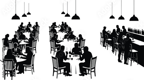 Restaurant dining silhouettes with people sitting at tables eating drinking and socializing in cafe bar interior scene
