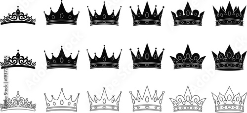 Royal crown silhouettes and outline collection with king queen tiara monarchy symbols decorative vintage crown vector set