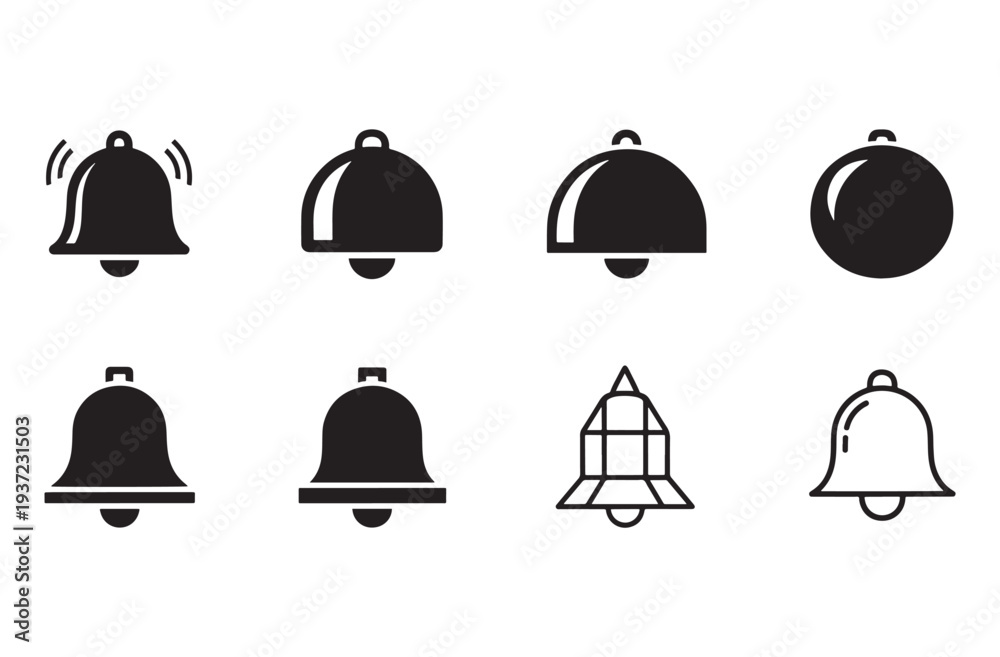 Fototapeta premium Set of eight bell icons, collection of different notification bell symbols, alert chime vector illustrations isolated on transparent background, ringing alarm designs