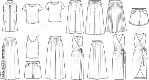 Women clothing fashion outline collection with dresses skirts tops shorts and pants apparel design vector set