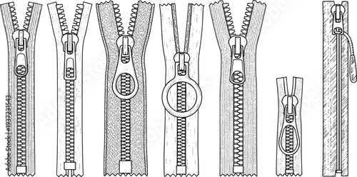 Zipper collection illustration with different clothing zip fasteners sewing accessories garment repair tailoring and fashion design elements