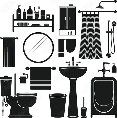 Bathroom interior vector illustration set, black silhouette collection of sanitary furniture fixtures accessories isolated on white background design