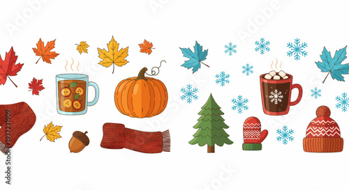 Autumn Winter Clipart Collection with Leaves and Mugs.