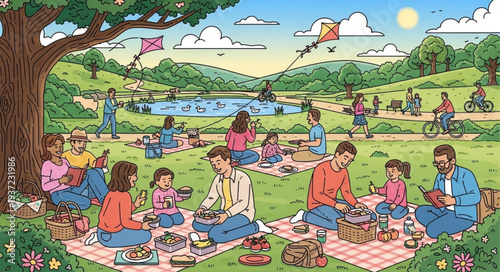 Children and Families Enjoying a Picnic in a Park.
