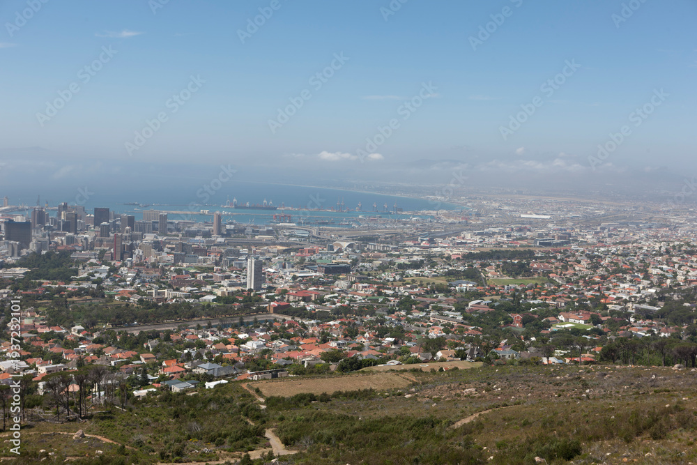 Obraz premium South Africa Cape Town view from Table Mountain on a cloudy winter day.