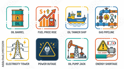 Energy Industry Vector Icons – Oil Barrel, Fuel Price Rise, Tanker Ship, Gas Pipeline, Electricity Tower, Power Outage, Pump Jack, Energy Shortage Vector Illustration Set