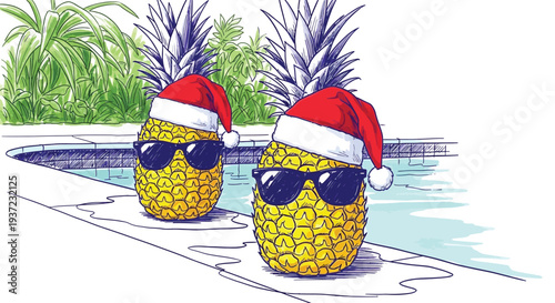 Hand drawn illustration of pineapples with santa hats at a pool