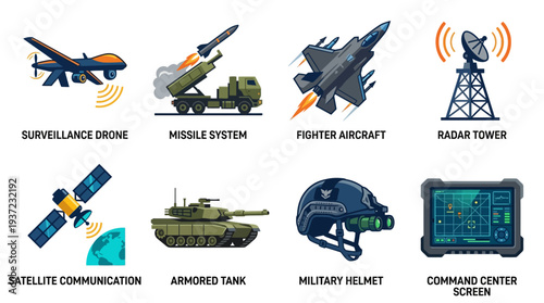 Military Defense Technology Vector Icons – Surveillance Drone, Missile System, Fighter Aircraft, Radar Tower, Satellite Communication, Armored Tank, Military Helmet, Command Center Screen Vector Illus
