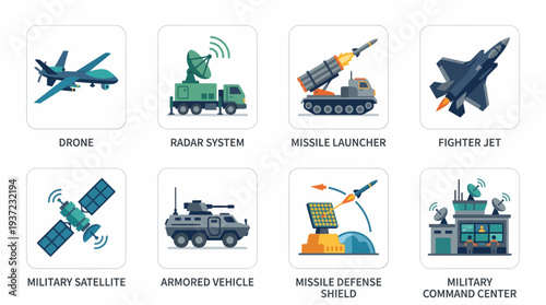 Modern Military Technology Vector Icons – Drone, Radar System, Missile Launcher, Fighter Jet, Satellite, Armored Vehicle, Defense Shield, Command Center, Strategic Warfare Vector Illustration Set
