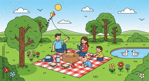 Family Picnic in Park with Children and Nature.