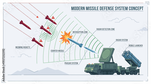 Modern Missile Defense Vector Illustration – Radar Detection, Counter Missile, Interception Zone, Launcher System, Phased Technology, Global Security, Military Defense Strategy, Advanced Protection Ve