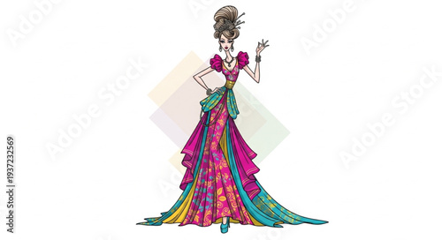 Elegant Fashionable Woman in Colorful Dress Illustration.