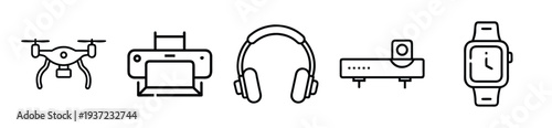 Modern technology icons including drone, printer, headphones, soundbar, and smartwatch on transparent background