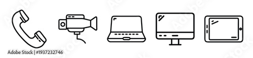 Vector graphic illustration of various electronic devices including phone, webcam, laptop, monitor, and tablet on transparent background. on transparent background