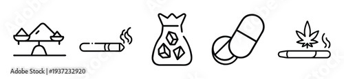 Collection of vector icons representing various aspects of cannabis and substance use on transparent background. on transparent background