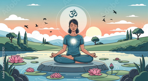 Meditating Woman Sitting Cross-Legged on Lotus Flower.