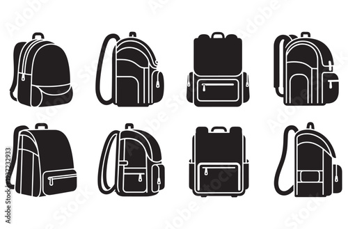 Set of eight black backpack icons isolated on a transparent background, depicting various styles and perspectives of school bags or travel packs for education and adventure