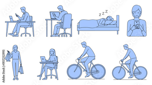 Human illustrations. Showing activities such as working on a laptop, sleeping in bed, shopping, and cycling on a bicycle. 