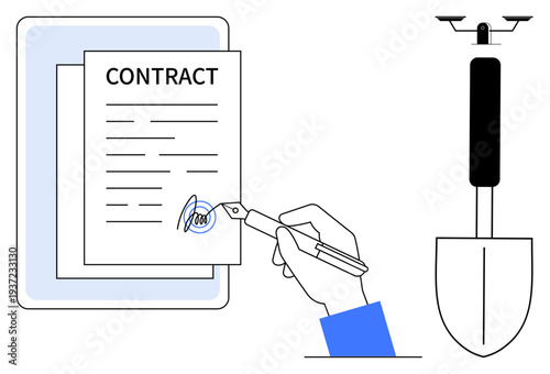 Business contracts, construction projects, legal agreements, project management, digital document signing, work tools. Hand signing a contract, adjacent to a spade. Business contracts