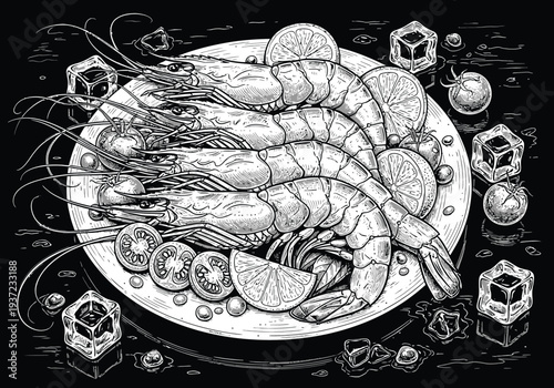 Title: Detailed engraving of fresh shrimp on platter with citrus and ice