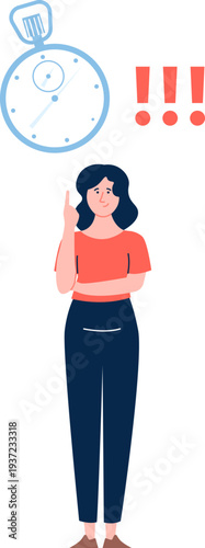 Woman pointing on countdown clock. Deadline stopwatch icon