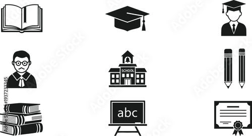 Education and School Icon Set Featuring Book, Graduation Cap, Teacher, Student, School Building, Blackboard, Certificate and Academic Learning Symbols