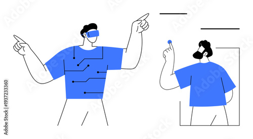 Virtual reality, modern technology, interactive interfaces, digital innovation, wearable tech, user interaction. Person wearing VR headset and another using a touchscreen interface. Virtual reality