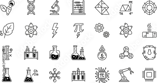 science and technology icons including laboratory equipment and mathematical symbols
