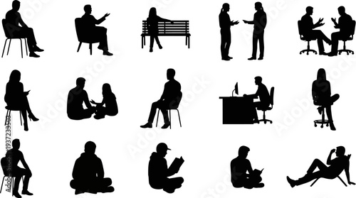 Collection of people sitting and standing in various poses on white background