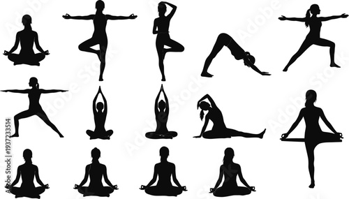 set of women in various yoga poses in black silhouette on white background