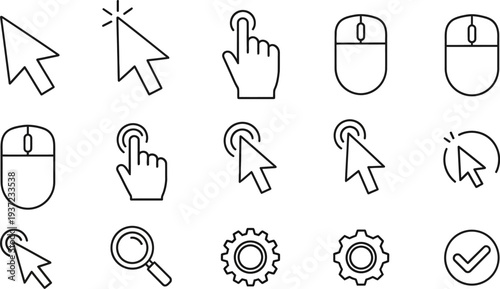 line style computer mouse cursor hand magnifying glass gear icons set for web design isolated on white background