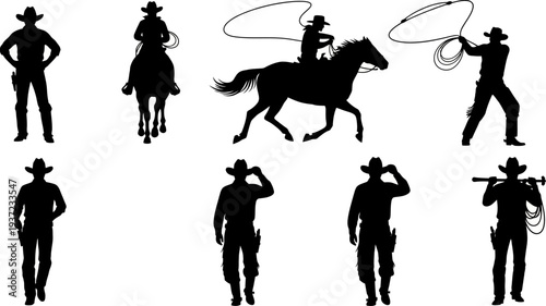Set of cowboy and cowgirl silhouettes in various poses with horses and lassos