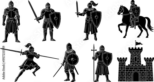 Medieval knights and castle illustrations in black and white