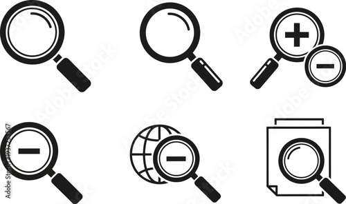 magnifying glass icons with various symbols for search and zoom on white background