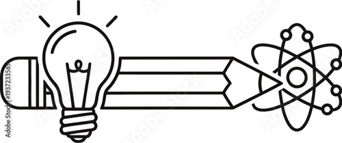 line drawing of light bulb pencil and atom symbol for ideas and science