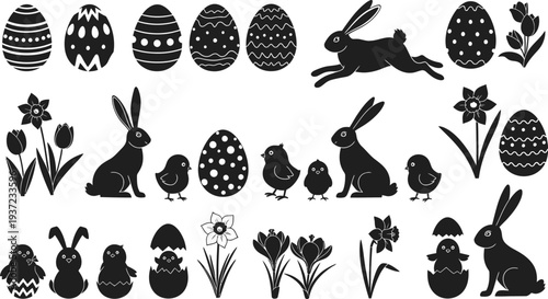 Easter icons set with eggs rabbits flowers and chicks in black silhouettes on white background
