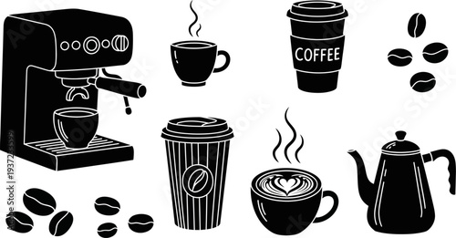 Black and white illustration of various coffee related items including coffee maker and cups